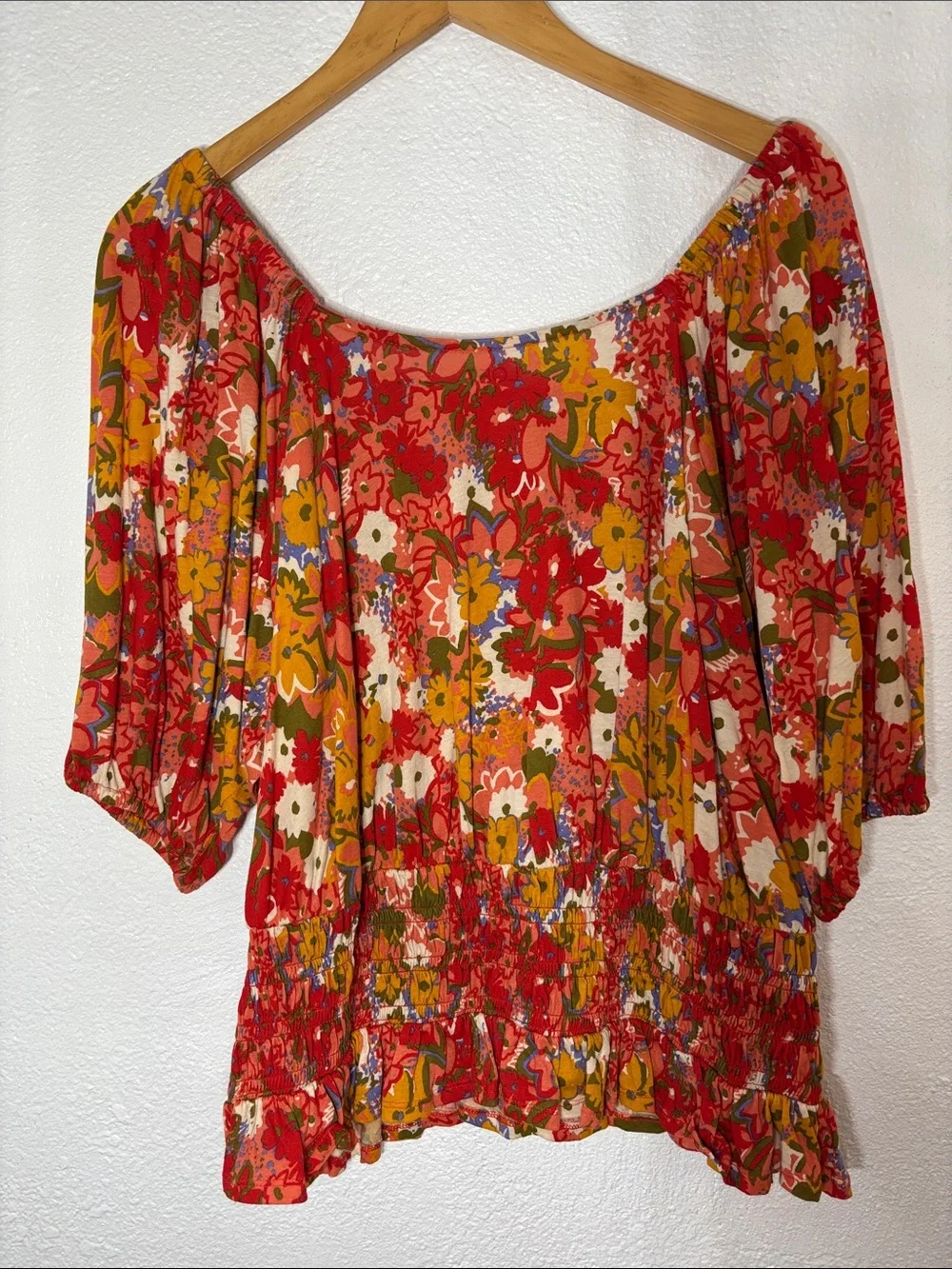 LOFT Floral Smocked Hem Red Women's Peasant Top Milkmaid Cottagecore SZ XL